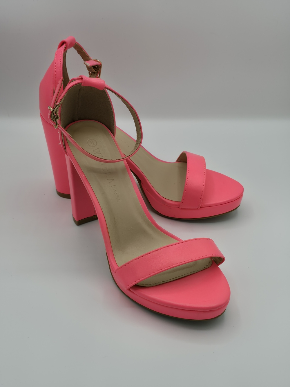 Wild Diva Neon Pink Ankle Strap Block Heel Sandals